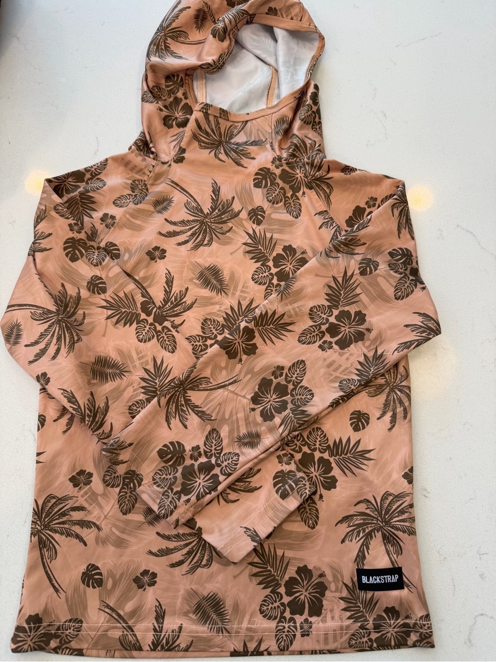 Blackstrap Kids' Hooded Rashguard - Peach with Brown Tropical Print